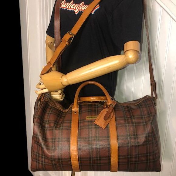 W RALPH LAUREN Brown Green Tartan Plaid Boston Weekend Travel Duffle Bag Speedy - Picture 14 of 15